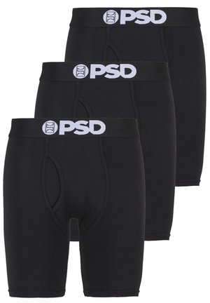 Three pairs of black boxer briefs featuring a white logo waistband, made from a smooth, stretchy fabric, with a mid-thigh length and a fitted design.