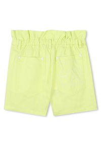 Hoge taille neon gele shorts met een geraffineerde tailleband, voorzien van twee achterzakken en witte geborduurde details op de linker zak.