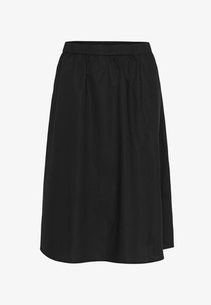 Falda negra de corte relajado, con cintura elástica, textura suave, a la altura de la rodilla y un diseño simple, sin adornos.