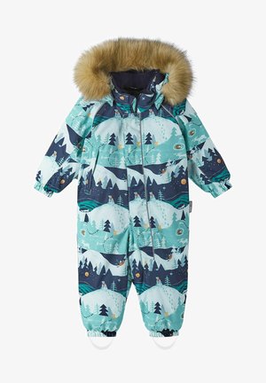 Mono de nieve aislante para niños en color azul verdoso con un patrón de bosque y montañas, que presenta una capucha forrada de pelo sintético, cierre de cremallera y puños elásticos.