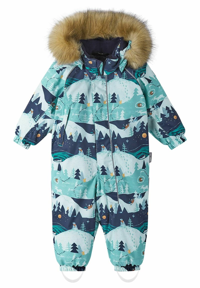 Mono de nieve aislante para niños en color azul verdoso con un patrón de bosque y montañas, que presenta una capucha forrada de pelo sintético, cierre de cremallera y puños elásticos.