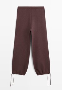 Pantalons bordeaux en tissu doux, avec une coupe fuselée dotée de poignets élastiques et de cordons réglables aux chevilles.