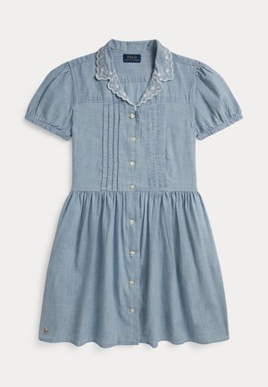 Lyseblå kortærmet kjole med knapper foran, broderet bølget krave, pressepydning detaljer og samlet nederdel fra Polo Ralph Lauren.