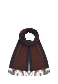 Brązowy szalik z ciemnoniebieskimi paskami, gładka tekstura, wykończony długimi frędzlami na każdym końcu. Okrągły kształt umożliwia łatwe noszenie.