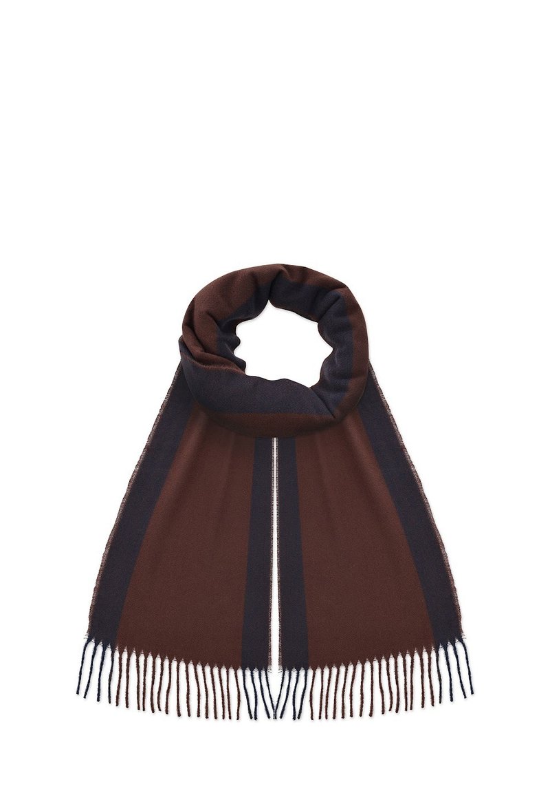Brązowy szalik z ciemnoniebieskimi paskami, gładka tekstura, wykończony długimi frędzlami na każdym końcu. Okrągły kształt umożliwia łatwe noszenie.