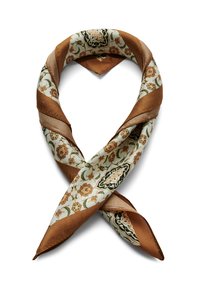 Seidenschal mit floralen Muster in Beige, Grün und Braun, mit satinierter Oberfläche und dreieckiger Form, zu einem Knoten gebunden.