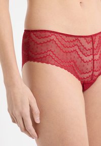 Braguitas de encaje rojo con diseño festoneado, textura translúcida y bordes elásticos suaves para mayor comodidad. Detalladas con un patrón delicado.