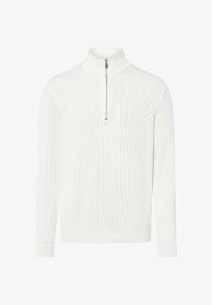 Pull blanc côtelé avec un col montant, doté d'une fermeture éclair au niveau du col, et de longues manches avec des poignets côtelés. Texture douce.