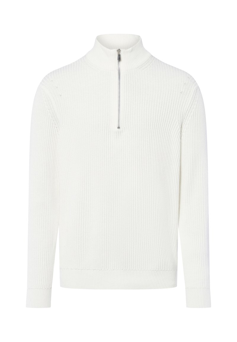 Weißer gerippter Pullover mit hohem Kragen, der einen Reißverschluss am Hals hat, und langen Ärmeln mit gerippten Bündchen. Weiche Textur.
