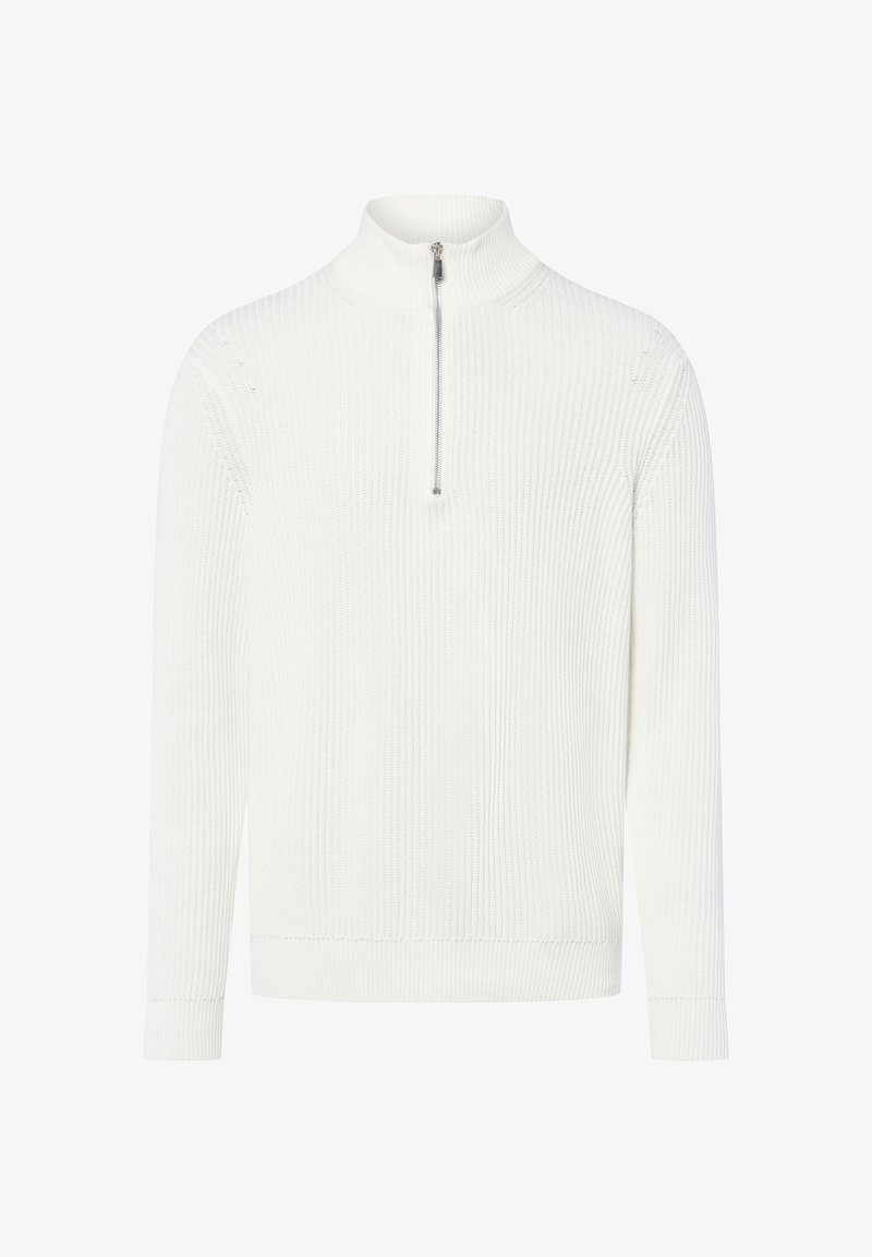 White ribbed pullover with a high neckline, featuring a zip closure at the neck, and long sleeves with ribbed cuffs. Soft texture.