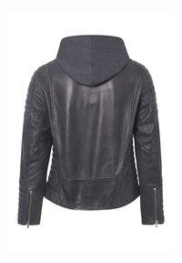 Black leather jacket with a gray hood, quilted side detailing, zippered cuffs, and fitted silhouette. Smooth texture, contemporary design.