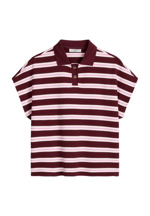 Kurzärmeliges Poloshirt mit horizontalen Streifen in Burgund, Weiß und Pink, ausgestattet mit einem burgunderfarbenen Kragen und zwei Knöpfen vorne.