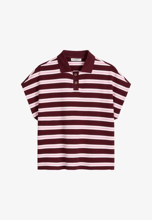 Koszulka polo z krótkim rękawem w poziome paski w kolorach bordowym, białym i różowym, z bordowym kołnierzykiem i dwoma guzikami z przodu.