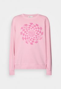 Rosa sweatshirt med långa raglanärmar. Har en cirkulär grafisk design med rutigt mönster och blommiga detaljer. Tillverkad av bomullsblandning.