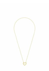 Collana delicata in oro con un piccolo pendente a forma di cuore aperto centrato sulla catena, su uno sfondo bianco.