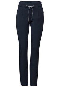 Marinblå tapered byxor i slät tyg med elastisk midja och dragsko, samt två sidofickor med dragkedja.