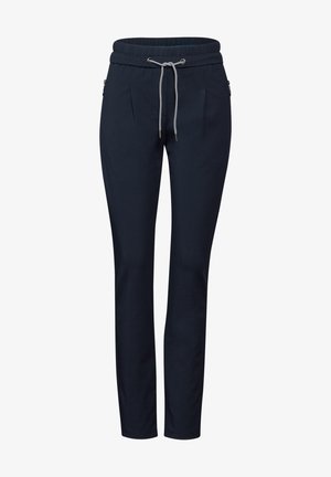 Navy tapered pants made of smooth fabric, featuring an elastic waistband with drawstring and two side zippered pockets.