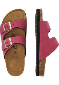 Roze suede sandalen met twee verstelbare gespen en een kurken voetbed. De zool is van gestructureerd rubber, ontworpen voor comfort en stabiliteit.