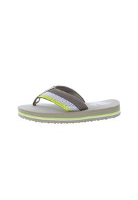 Ruskeat flip-flop-sandaalit verkkomaisilla hihnoilla, joissa on valkoisia ja neonkeltaisia yksityiskohtia. Vaaleanharmaa pohja, jossa on kuvioitu pinta paremman pidon saavuttamiseksi.