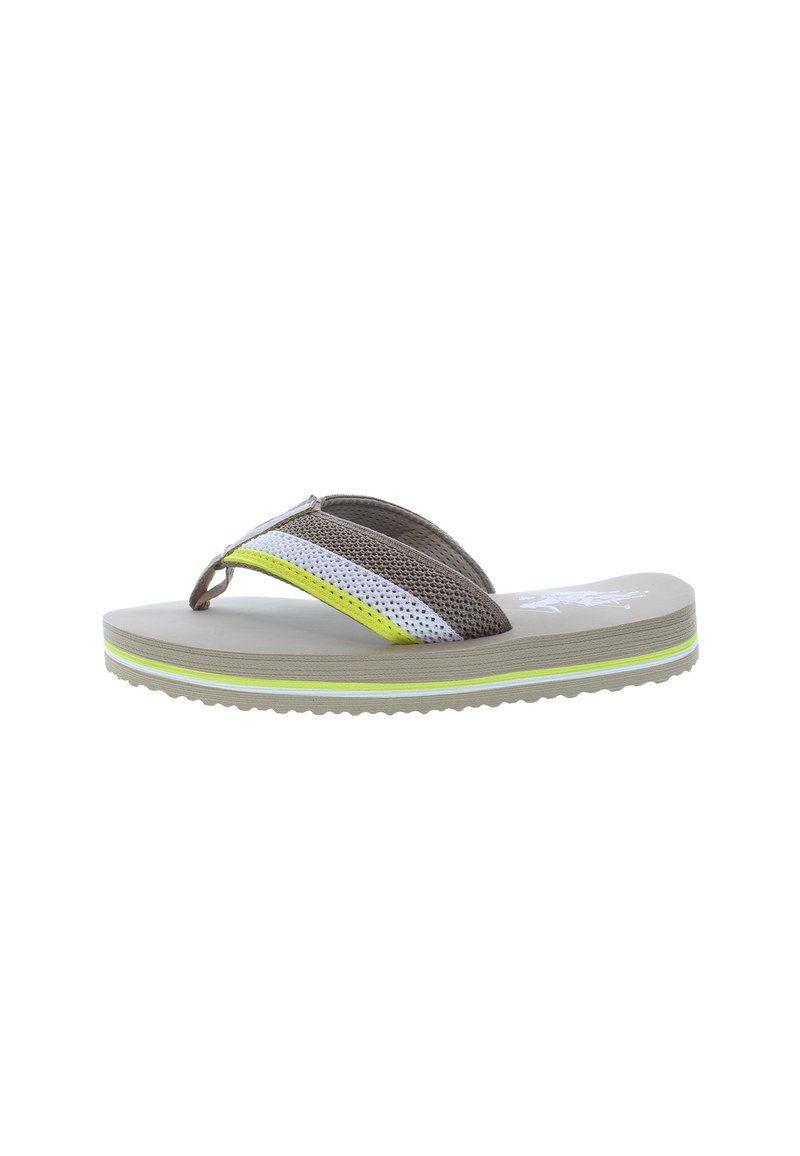 Ruskeat flip-flop-sandaalit verkkomaisilla hihnoilla, joissa on valkoisia ja neonkeltaisia yksityiskohtia. Vaaleanharmaa pohja, jossa on kuvioitu pinta paremman pidon saavuttamiseksi.