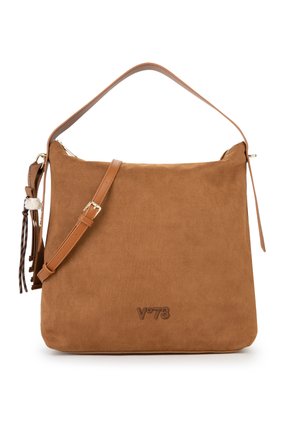 Borsa a tracolla in suede marrone con tracolla in pelle regolabile, dettaglio nappina sul lato e logo "V°73" in rilievo al centro sul davanti.