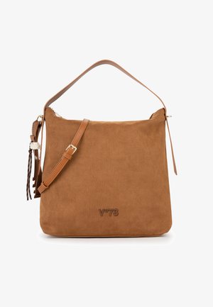 Bolso de hombro de ante marrón con correa de cuero ajustable, detalle de borla en el lateral y logotipo "V°73" en relieve en el centro delantero.
