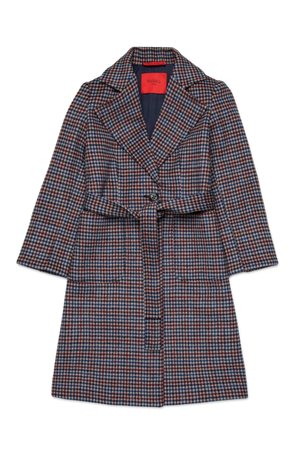 Gepäckter Wollmantel in Blau, Rot und Creme. Mit einem umgeschlagenen Revers, einem Gürtel und zwei Fronttaschen. Doppelter Knopfverschluss.