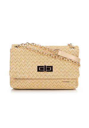 Beige woven bag with a chevron pattern, gold chain strap, black clasp, and a cream leather accent. Features brand logo detail on the side.