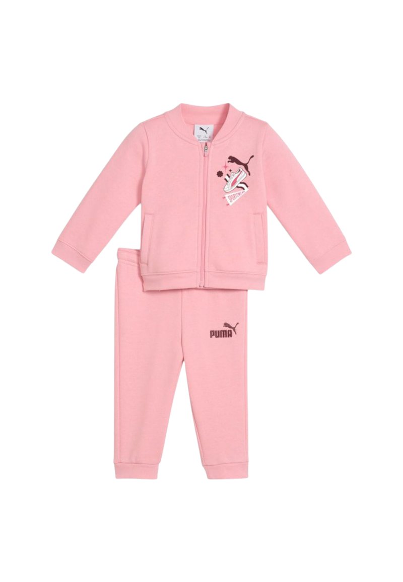 Tuta in cotone rosa composto da giacca con zip e logo e grafiche sul lato sinistro, abbinato a pantaloni con logo all'anca.