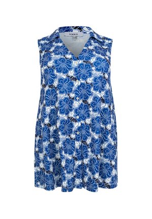 Ärmellose Bluse mit Knöpfen, großem blau-weißem Blumenmuster, Kragen und weiter Passform.