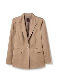 Beige blazer van soepel materiaal, met een enkele knoopsluiting, twee voorzakken en een scherp, gestructureerd reversontwerp.