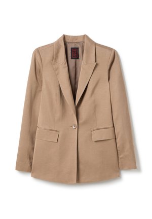 Beige Blazer aus glattem Stoff, mit einem einzigen Knopfverschluss, zwei vorderen Taschen und einem scharfen, strukturierten Reversdesign.