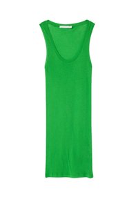 Žalias be rankovių marškinėlis, pagamintas iš minkštos medvilnės, su apvaliame kakleliui, aptemptas siluetas, be raštų ar akcentų.