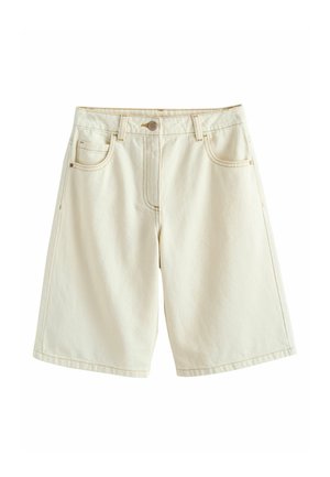 Kõrge vöökoha ja põlveni ulatuvad kreemikad teksapüksid, millel esiküljel nööp, tõmblukk, vööaasad ja viis taskut, valgel taustal.