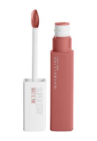Maybelline Super Stay Matte Ink Flüssiglippenstift in einer rechteckigen, matten Verpackung, mit einem weißen Applikator und einem rosa-nude Farbton.