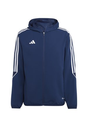 Dunkelblaue Zip-Hoodie mit Kapuze, weißen drei Streifen-Akzenten an den Schultern und strukturiertem Stoff. Verfügt über ein Adidas-Logo auf der Brust.