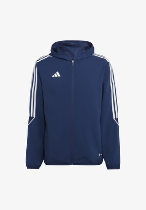 Dunkelblaue Zip-Hoodie mit Kapuze, weißen drei Streifen-Akzenten an den Schultern und strukturiertem Stoff. Verfügt über ein Adidas-Logo auf der Brust.