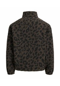 Luipaardprint fleece jasje in donkerbruin en zwart, met een hoge kraag en een relaxte pasvorm, met een zachte, gestructureerde oppervlakte.