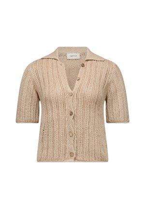 Beige gestrickte kurzärmelige Strickjacke mit vertikalem Lochmuster, spitzem Kragen und fünf hölzernen Knöpfen auf der Vorderseite.