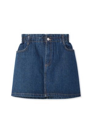 Gonna in denim blu scuro con vita elasticizzata, due tasche frontali e cuciture a contrasto. Forma a trapezio con orlo dritto.