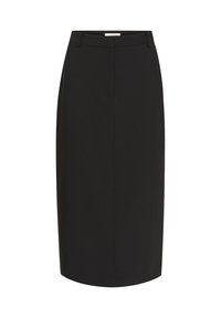 Gonna a matita nera realizzata in tessuto liscio, caratterizzata da una silhouette aderente, design al ginocchio e tasche frontali a taglio.