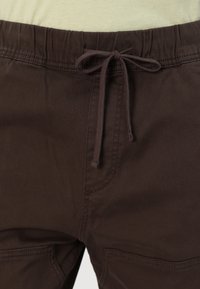 Bruna bomullsshorts med elastisk midja och snörning. Har sidofickor och en slät yta. Synlig sömdetalj.