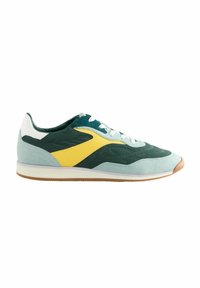 Sneaker con una miscela di suede verde, giallo e azzurro chiaro. Dettagli bianchi sul tallone e sui lacci. Suola piatta in gomma con design testurizzato.