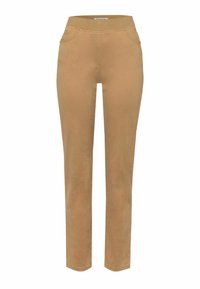 Pantalons de yoga beiges avec un design ajusté, dotés de poches avant et d'une taille lisse. Fabriqués en tissu doux, avec des détails de couture subtils.
