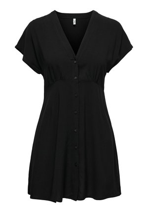 Robe courte noire à manches courtes avec col en V, boutonnée sur le devant et avec un détail de taille froncée, fabriquée en tissu doux et fluide.