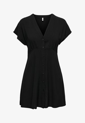 Robe courte noire à manches courtes avec col en V, boutonnée sur le devant et avec un détail de taille froncée, fabriquée en tissu doux et fluide.