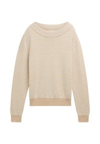 Beige gestreifter Pullover mit weitem Bootsausschnitt, langen Ärmeln und gerippten Bündchen und Saum. Hergestellt aus strukturiertem Strickmaterial.
