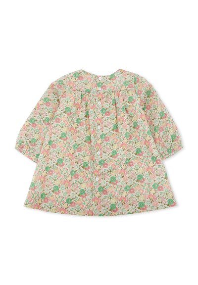 Abito con motivo floreale che presenta tonalità di rosa pastello, verde e bianco. Maniche lunghe, scollo rotondo e chiusura frontale con bottoni e dettagli arricciati.