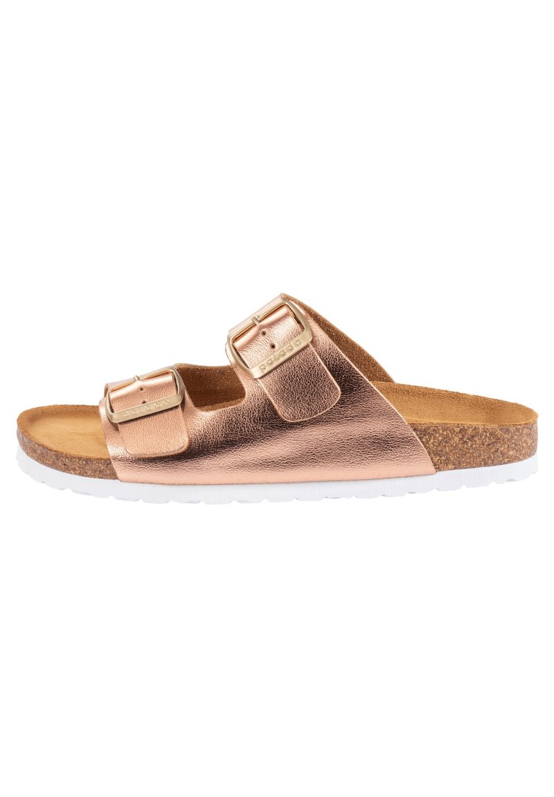 Rosen-guld metallic slide sandal med två justerbara spännen, korkfotbädd och vit gummisula. Slät läderliknande yta.