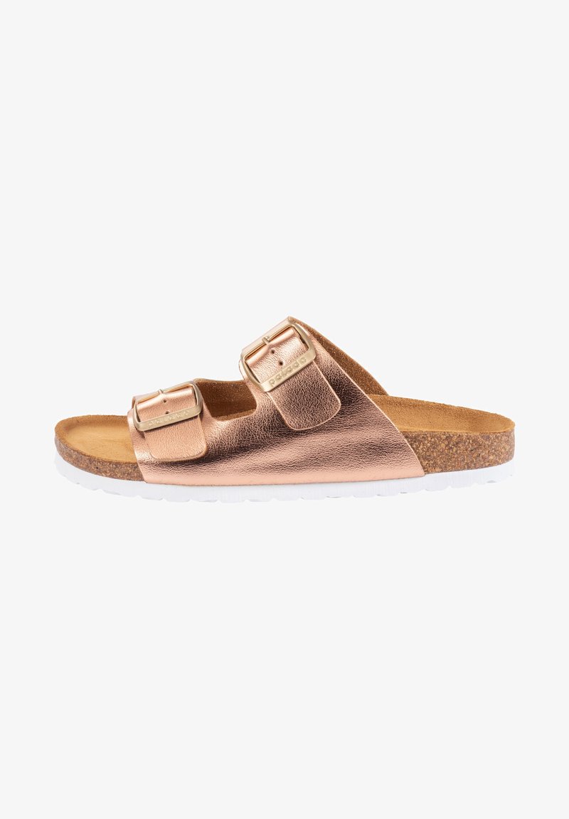 Rosen-guld metallic slide sandal med två justerbara spännen, korkfotbädd och vit gummisula. Slät läderliknande yta.